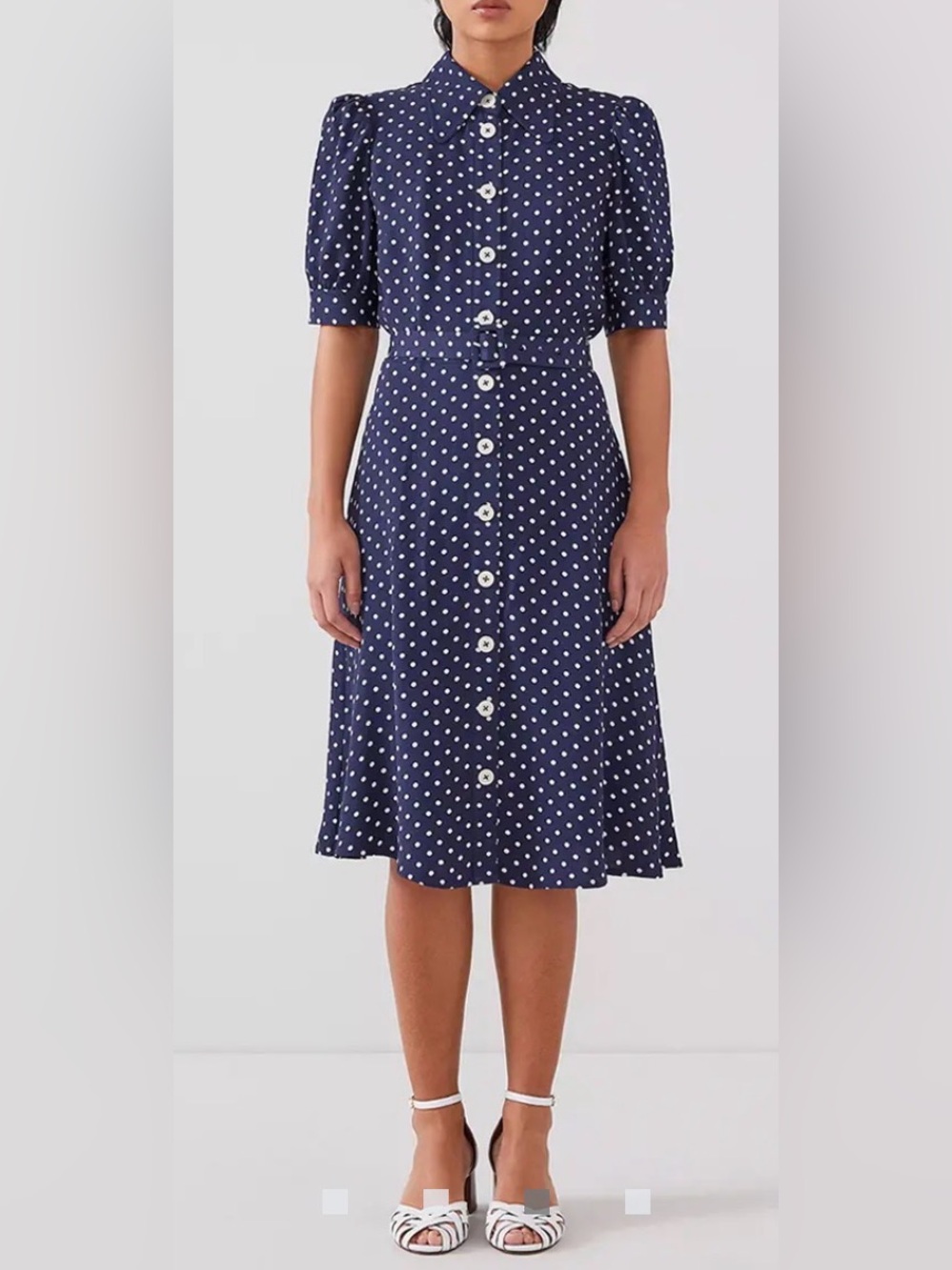 L.K. Bennett Navy / Cream Valerie Polka Dot Petite Midi Shirt Dress UK10 US6
